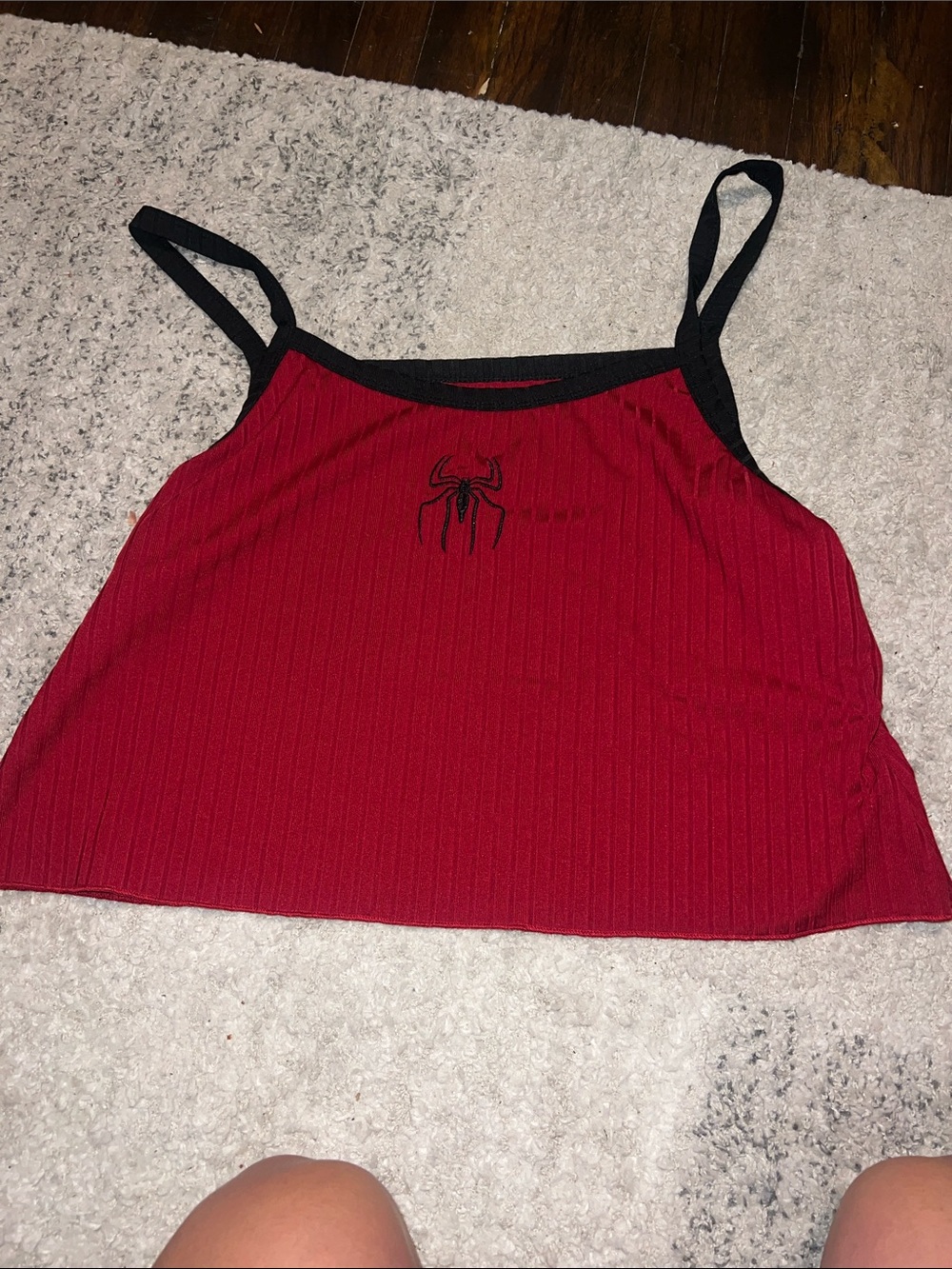 Red Ribbed Spider Logo Cami Top - Black Trim